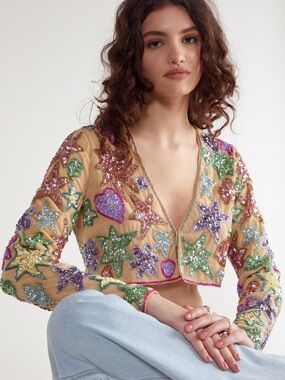 Nasty Gal Multicolor Sequin Star & Heart Cropped Blazer Jacket